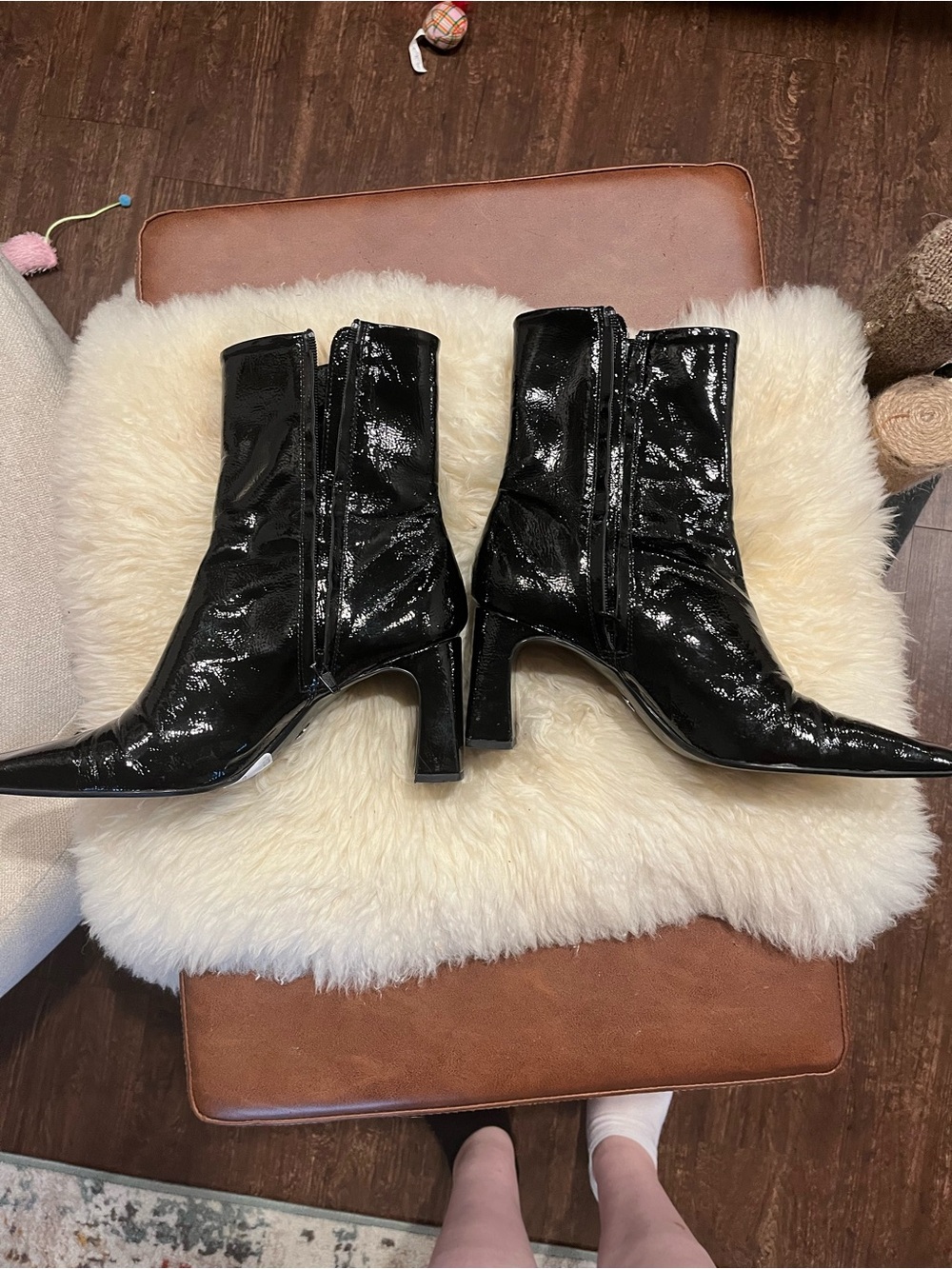 Zara Black Patent Pointed-Toe Mid Block Heel Ankle Boots